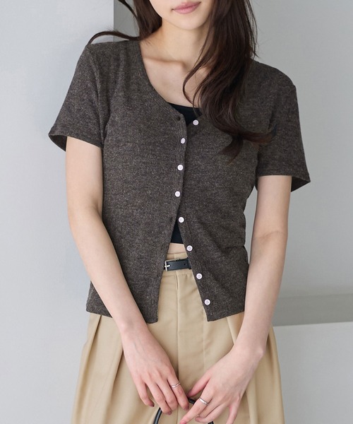 CHAN ME(チャンミ)の「Vネック半袖カーディガン(Tシャツ/カットソー・レディース・チャコールグレー/ライトグレー・MEDIUM/LARGE)」の1枚目の写真