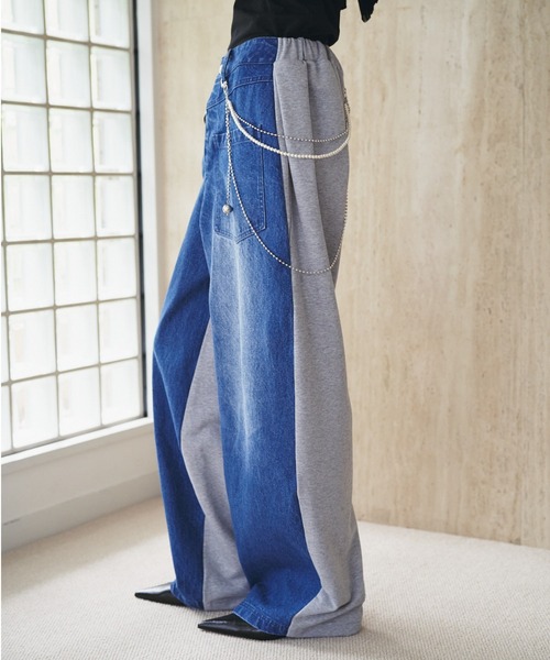 SOEMIN(ソミン)の「Denim docking sweatpants/バックスウェットデニムパンツ(デニムパンツ・レディース・インディゴブルー/ホワイト・FREE)」の4枚目の写真