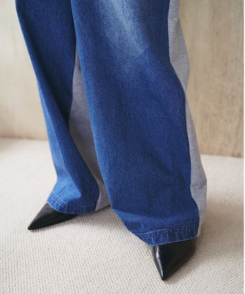 SOEMIN(ソミン)の「Denim docking sweatpants/バックスウェットデニムパンツ(デニムパンツ・レディース・インディゴブルー/ホワイト・FREE)」の7枚目の写真