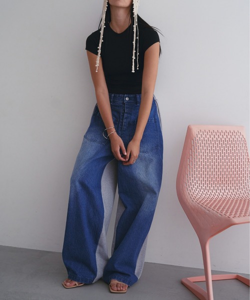 SOEMIN(ソミン)の「Denim docking sweatpants/バックスウェットデニムパンツ(デニムパンツ・レディース・インディゴブルー/ホワイト・FREE)」の8枚目の写真