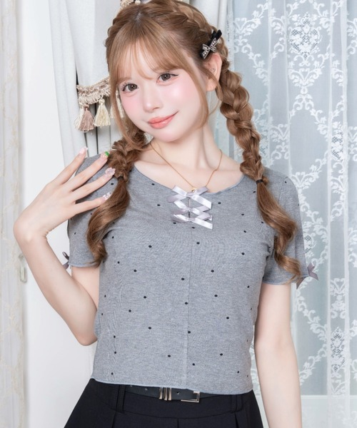 Mejoul(メジュール)の「【2026春夏新作】ドット柄フロントリボンカットアウト半袖Tシャツ(Tシャツ/カットソー・レディース・グレー/アイボリー・F)」の2枚目の写真