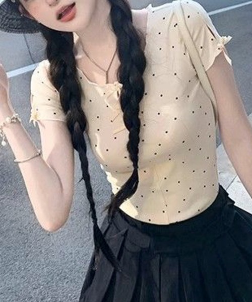 Mejoul(メジュール)の「【2026春夏新作】ドット柄フロントリボンカットアウト半袖Tシャツ(Tシャツ/カットソー・レディース・グレー/アイボリー・F)」の19枚目の写真