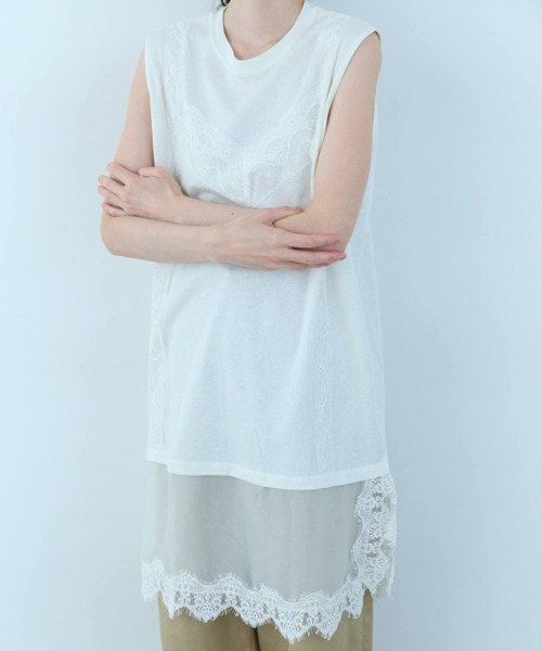 flaeu（フラユ）の「Lace Layered Tunic Tee（Tシャツ/カットソー・レディース・ブラック/ホワイト・FREE）」の7枚目の写真
