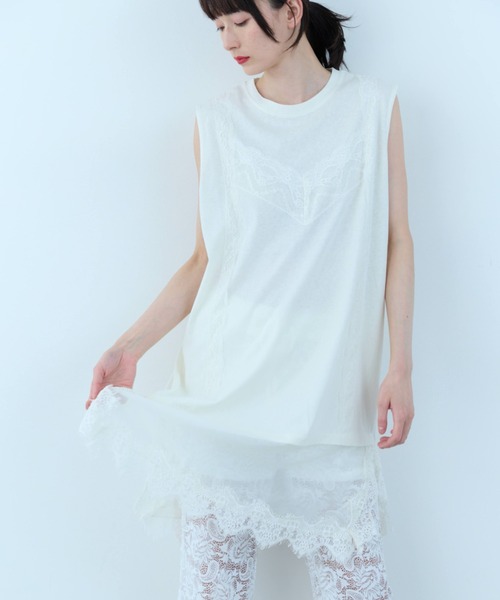 flaeu（フラユ）の「Lace Layered Tunic Tee（Tシャツ/カットソー・レディース・ブラック/ホワイト・FREE）」の14枚目の写真