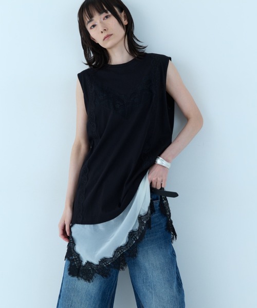 flaeu（フラユ）の「Lace Layered Tunic Tee（Tシャツ/カットソー・レディース・ブラック/ホワイト・FREE）」の18枚目の写真