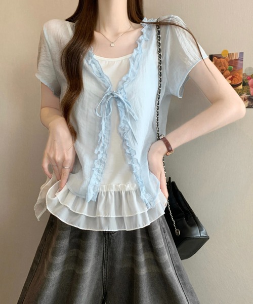 LUCPY（ラクピー）の「フリルリボンレイヤードブラウス（シャツ/ブラウス・レディース・アイボリー/ブルー/ホワイト/ピンク・FREE）」の3枚目の写真