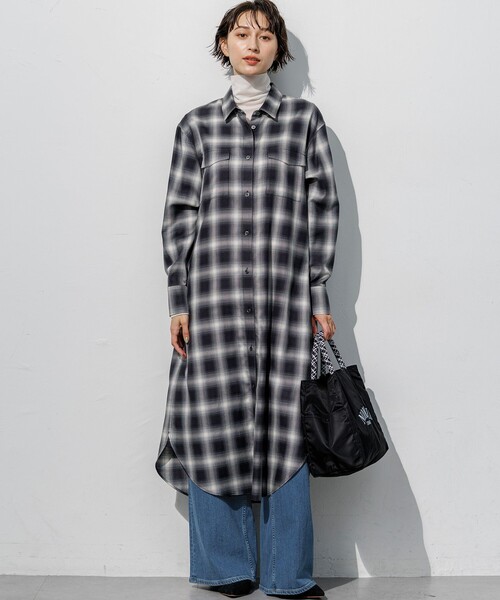 23区 L(ニジュウサンクオオキイサイズ)の「コットンミックスチェック シャツ ワンピース(シャツワンピース・レディース・ダークブラウン系3・44)」の4枚目の写真
