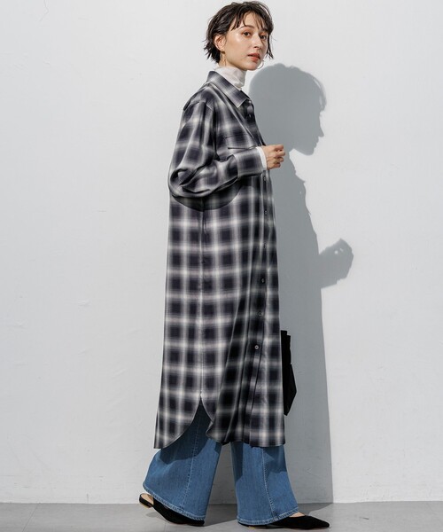 23区 L(ニジュウサンクオオキイサイズ)の「コットンミックスチェック シャツ ワンピース(シャツワンピース・レディース・ダークブラウン系3・44)」の5枚目の写真