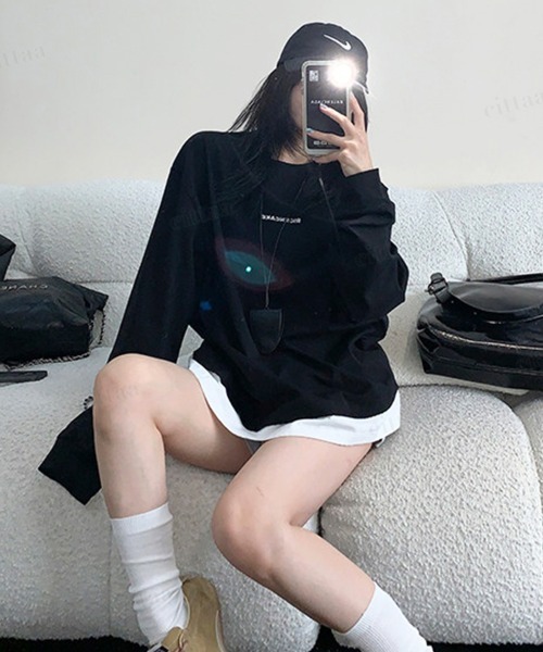 Dalfwin(ダールフィン)の「RICENCAKE刺繍ロゴレイヤード風デザイン長袖Tシャツ(Tシャツ/カットソー・レディース・ブラック・FREE)」の7枚目の写真