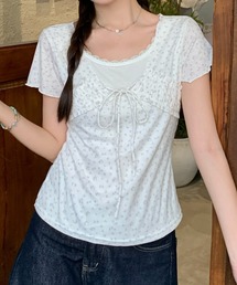 花柄レースリボンフェイクレイヤードTシャツ