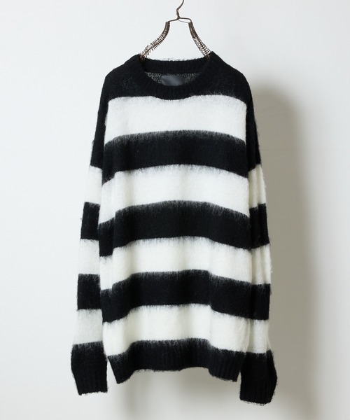 NUMBER (N)INE(ナンバーナイン)の「MOHAIR MIX KNIT WIDE STRIPED CREWNECK SWEATER / ウールモヘヤ ミックス ニット ワイドボーダー クルーネック セーター(ニット/セーター・メンズ・ネイビー系/ブラック×ホワイト/ブラック×パープル/ブラック×レッド/ブラック×グリーン・2/3/4)」の2枚目の写真