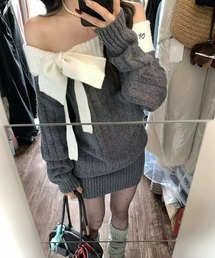 【26年秋冬新作】リボン オフショルリブニットワンピース