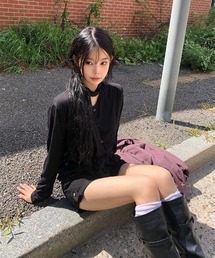 カーディガン風ボタンVネック長袖Tシャツ+ロングタイマフラーSET