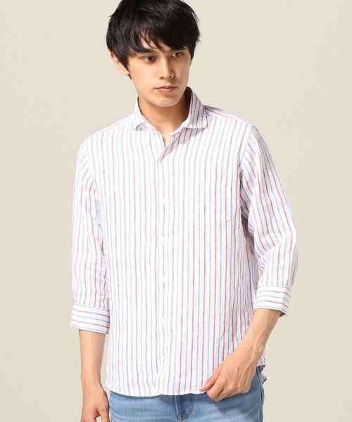 ivory court（アイボリーコート）の「700リネンストライプカッタウェイ7分袖◆（シャツ/ブラウス・メンズ・サックスブルー/イエロー/ホワイト・LARGE/MEDIUM/SMALL）」の2枚目の写真