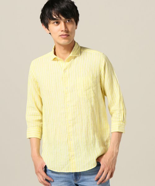 ivory court（アイボリーコート）の「700リネンストライプカッタウェイ7分袖◆（シャツ/ブラウス・メンズ・サックスブルー/イエロー/ホワイト・LARGE/MEDIUM/SMALL）」の3枚目の写真