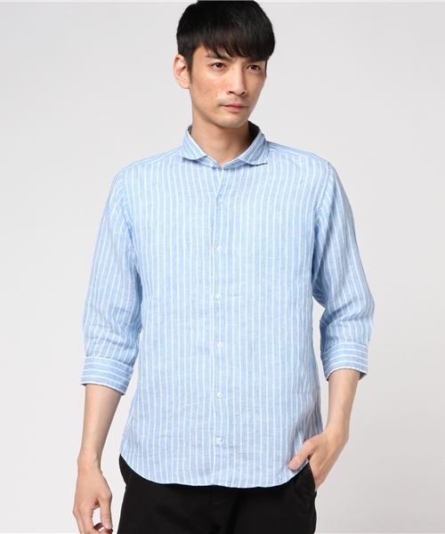 ivory court（アイボリーコート）の「700リネンストライプカッタウェイ7分袖◆（シャツ/ブラウス・メンズ・サックスブルー/イエロー/ホワイト・LARGE/MEDIUM/SMALL）」の9枚目の写真