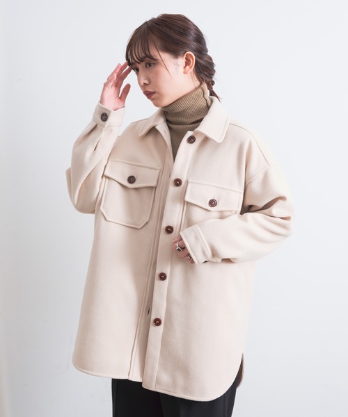 Aunt Marie's（アントマリーズ）の「AUNT MARIE'S 裏キルトメルトンCPOシャツアウター（カバーオール・レディース・ブラック/ベージュ/ブラウン/モカ・FREE）」の9枚目の写真