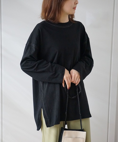 GeeRA(ジーラ)の「配色ステッチチュニック(Tシャツ/カットソー・レディース・ライトカーキ/グレー/ブラック・MEDIUM)」の1枚目の写真