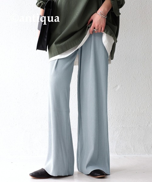 antiqua(アンティカ)の「セルフカット可!ワイドリブパンツ(その他パンツ・レディース・ブラック/グレイッシュベージュ/カーキ/グリーン/アイボリー/オレンジ/ネイビー/ピンク系その他/マスタード/ラベンダー/ダークグリーン/パープル/ライトグレー/サックスブルー・FREE)」の4枚目の写真