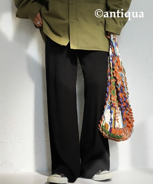 antiqua(アンティカ)の「セルフカット可!ワイドリブパンツ(その他パンツ・レディース・ブラック/グレイッシュベージュ/カーキ/グリーン/アイボリー/オレンジ/ネイビー/ピンク系その他/マスタード/ラベンダー/ダークグリーン/パープル/ライトグレー/サックスブルー・FREE)」の3枚目の写真