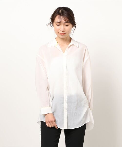 Q（キュー）の「ワッシャーボーダースキッパーシャツ（シャツ/ブラウス・レディース・ライトグレー/アイボリー・MEDIUM）」の5枚目の写真