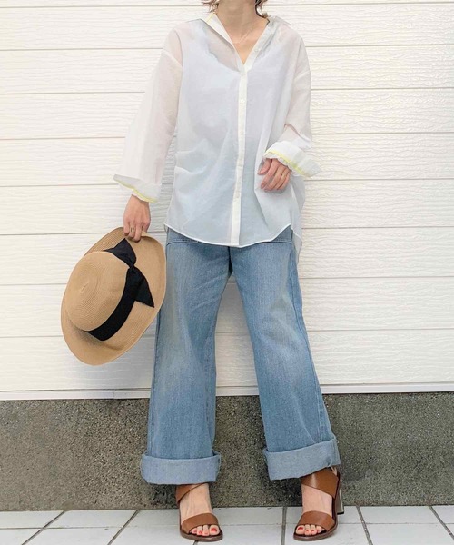 Q（キュー）の「ワッシャーボーダースキッパーシャツ（シャツ/ブラウス・レディース・ライトグレー/アイボリー・MEDIUM）」の7枚目の写真