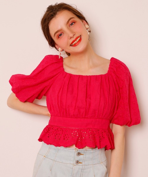 Seemi. byNICECLAUP（ シーミーバイナイスクラップ）の「コットンレースパフ袖ブラウス（シャツ/ブラウス・レディース・オフホワイト/ブラック/レッド・FREE）」の3枚目の写真