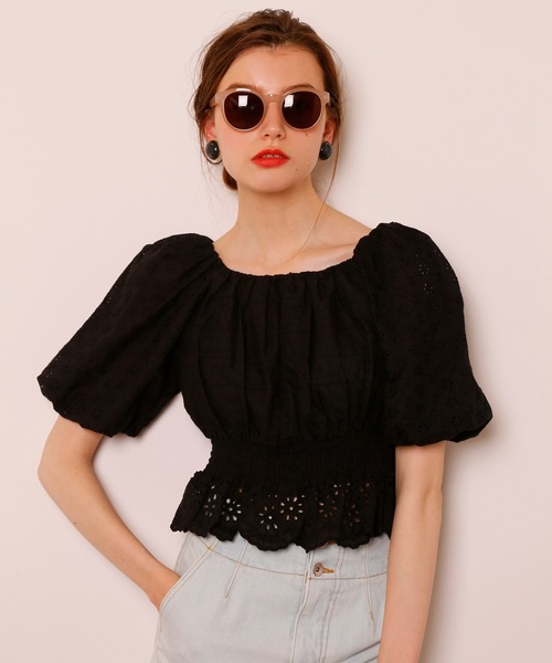 Seemi. byNICECLAUP（ シーミーバイナイスクラップ）の「コットンレースパフ袖ブラウス（シャツ/ブラウス・レディース・オフホワイト/ブラック/レッド・FREE）」の12枚目の写真