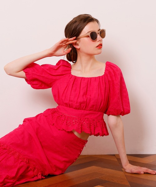 Seemi. byNICECLAUP（ シーミーバイナイスクラップ）の「コットンレースパフ袖ブラウス（シャツ/ブラウス・レディース・オフホワイト/ブラック/レッド・FREE）」の5枚目の写真