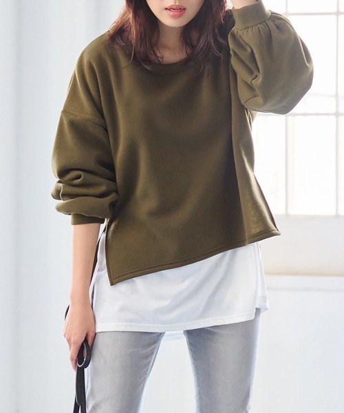 RANAN(ラナン)の「裏起毛レイヤード風プルオーバー(Tシャツ/カットソー・レディース・ブラック/カーキ/グレー・L/M/LL/3L)」の16枚目の写真