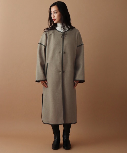 libelle more(リベル モア)の「ダブルフェイスパイピングコート(ノーカラーコート・レディース・ブラック/モカ/グレイッシュベージュ・M/L)」の1枚目の写真