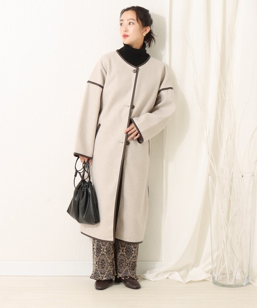 libelle more(リベル モア)の「ダブルフェイスパイピングコート(ノーカラーコート・レディース・ブラック/モカ/グレイッシュベージュ・M/L)」の12枚目の写真
