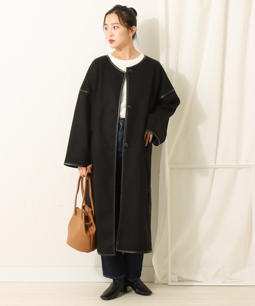 libelle more(リベル モア)の「ダブルフェイスパイピングコート(ノーカラーコート・レディース・ブラック/モカ/グレイッシュベージュ・M/L)」の10枚目の写真