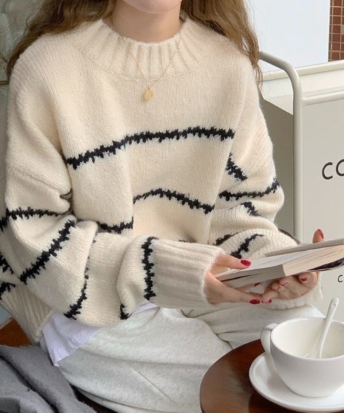 MANGROVE（マングローブ）の「配色ラインニットプルオーバー（ニット/セーター・レディース・ホワイト/ブラック/ベージュ・FREE）」の2枚目の写真