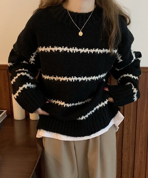MANGROVE（マングローブ）の「配色ラインニットプルオーバー（ニット/セーター・レディース・ホワイト/ブラック/ベージュ・FREE）」の3枚目の写真