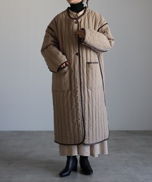 r. | ピーチスキン キルティング合皮パイピングコート(ノーカラーコート)