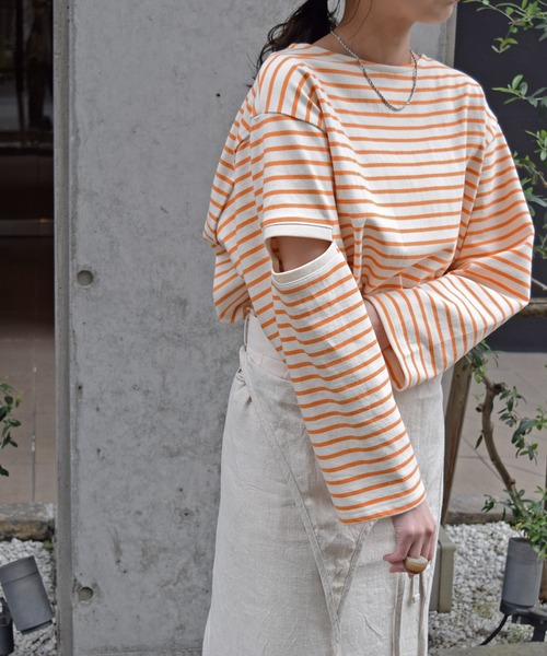 Marient(マリエント)の「ボーダースリットロンTEE(Tシャツ/カットソー・レディース・ブラック/オレンジ/ブルー/グリーン・FREE)」の4枚目の写真