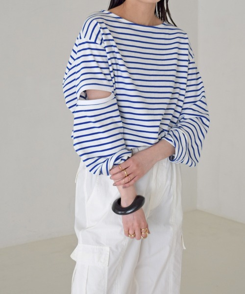 Marient(マリエント)の「ボーダースリットロンTEE(Tシャツ/カットソー)」|ブルー