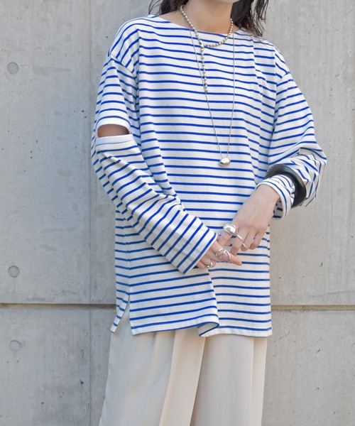 Marient(マリエント)の「ボーダースリットロンTEE(Tシャツ/カットソー・レディース・ブラック/オレンジ/ブルー/グリーン・FREE)」の17枚目の写真