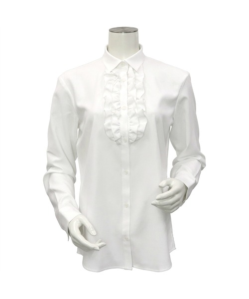 TOKYO SHIRTS（トウキョウシャツ）の「形態安定ノーアイロン レギュラーカラー フリル付き長袖ビジネスワイシャツ（ビジネスシャツ・レディース・ホワイト・S/M/L/LL）」の3枚目の写真