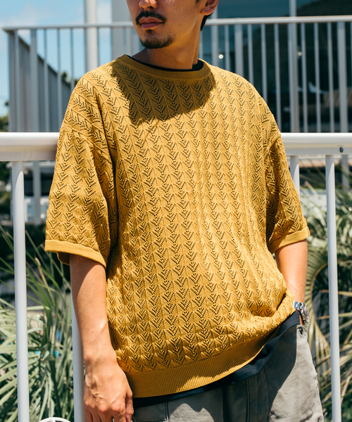 JOURNAL STANDARD（ジャーナルスタンダード）の「リネンミックス 透かし編み クルーネックニットTシャツ（ニット/セーター・メンズ・ネイビー/アイボリー/グリーン/イエロー・MEDIUM/LARGE）」の4枚目の写真