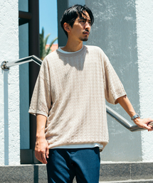 リネンミックス 透かし編み クルーネックニットTシャツ
