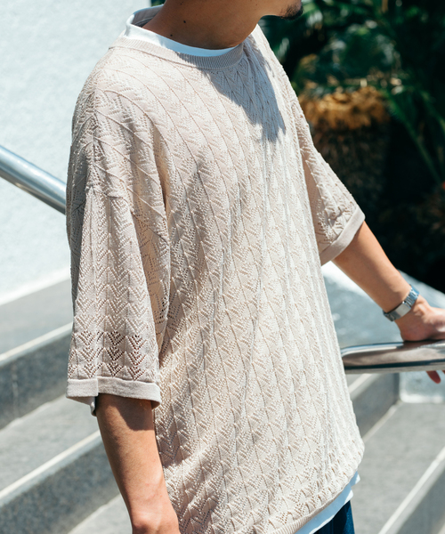 JOURNAL STANDARD（ジャーナルスタンダード）の「リネンミックス 透かし編み クルーネックニットTシャツ（ニット/セーター・メンズ・ネイビー/アイボリー/グリーン/イエロー・MEDIUM/LARGE）」の5枚目の写真