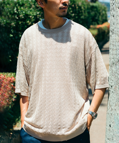JOURNAL STANDARD（ジャーナルスタンダード）の「リネンミックス 透かし編み クルーネックニットTシャツ（ニット/セーター・メンズ・ネイビー/アイボリー/グリーン/イエロー・MEDIUM/LARGE）」の7枚目の写真