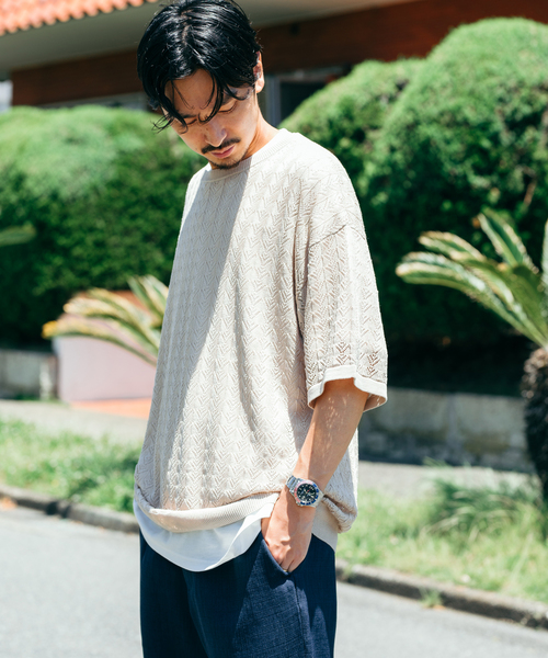 JOURNAL STANDARD（ジャーナルスタンダード）の「リネンミックス 透かし編み クルーネックニットTシャツ（ニット/セーター・メンズ・ネイビー/アイボリー/グリーン/イエロー・MEDIUM/LARGE）」の8枚目の写真