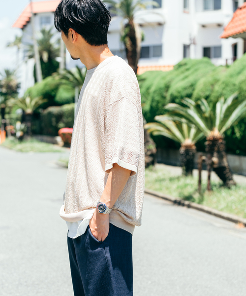 JOURNAL STANDARD（ジャーナルスタンダード）の「リネンミックス 透かし編み クルーネックニットTシャツ（ニット/セーター・メンズ・ネイビー/アイボリー/グリーン/イエロー・MEDIUM/LARGE）」の9枚目の写真