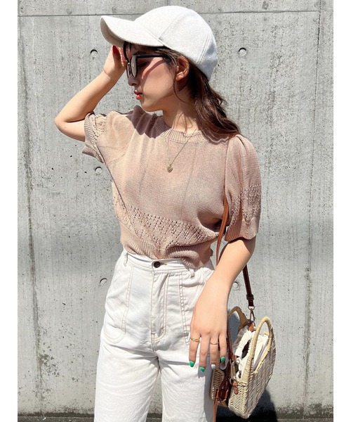 Green　Parks（グリーンパークス）の「AYANOプロデュースアイテム 透かしデザイン半袖ニットPO（ニット/セーター・レディース・チャコールグレー/ベージュ/ブラウン/オフホワイト/オレンジ/グリーン・FREE）」の5枚目の写真