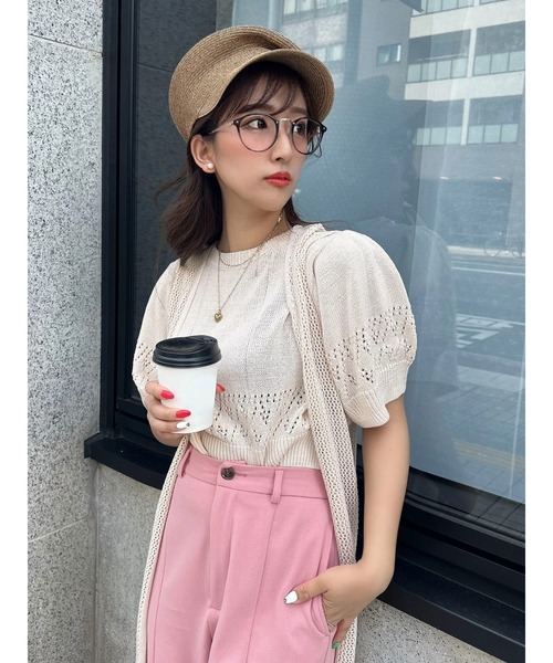 Green　Parks（グリーンパークス）の「AYANOプロデュースアイテム 透かしデザイン半袖ニットPO（ニット/セーター・レディース・チャコールグレー/ベージュ/ブラウン/オフホワイト/オレンジ/グリーン・FREE）」の2枚目の写真