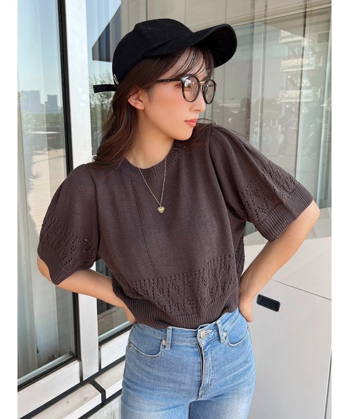 Green　Parks（グリーンパークス）の「AYANOプロデュースアイテム 透かしデザイン半袖ニットPO（ニット/セーター・レディース・チャコールグレー/ベージュ/ブラウン/オフホワイト/オレンジ/グリーン・FREE）」の3枚目の写真