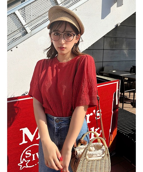 Green　Parks（グリーンパークス）の「AYANOプロデュースアイテム 透かしデザイン半袖ニットPO（ニット/セーター・レディース・チャコールグレー/ベージュ/ブラウン/オフホワイト/オレンジ/グリーン・FREE）」の6枚目の写真